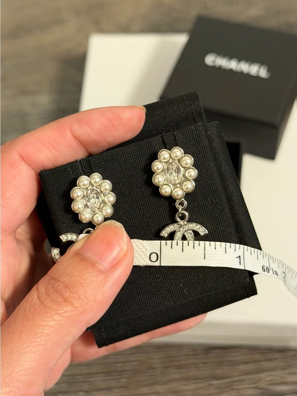 CHANEL Silver Pearl & Crystal CC Dangle Earrings